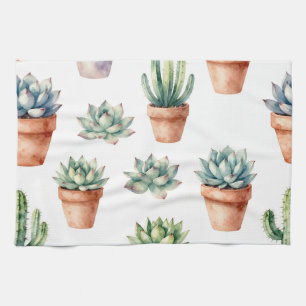 Watercolor Succulents Pattern Tea Towel