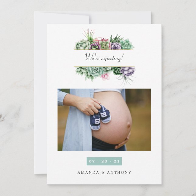 Watercolor Succulents Photo Pregnancy Announcement (Front)