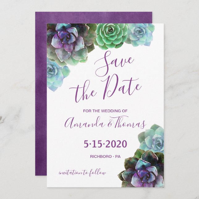 Watercolor Succulents Save the Date Invitation (Front/Back)