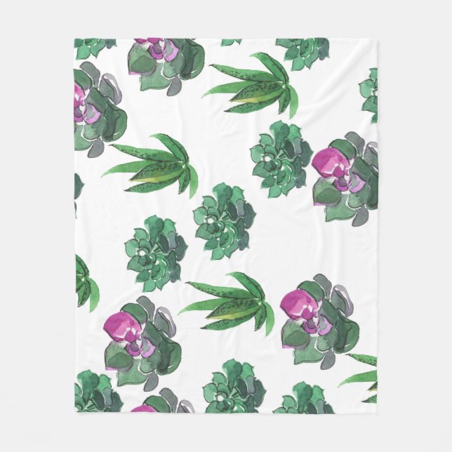 Watercolor Succulents Seamless Pattern Design Fleece Blanket (Front)