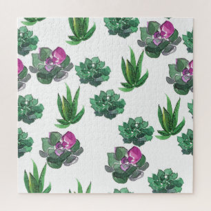 Watercolor Succulents Seamless Pattern Design Jigsaw Puzzle