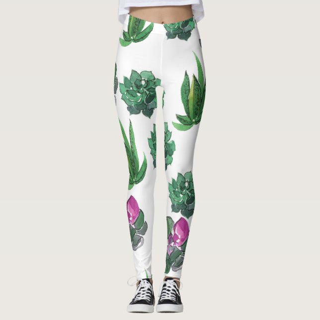 Watercolor Succulents Seamless Pattern Design Leggings (Front)