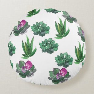 Watercolor Succulents Seamless Pattern Design Round Cushion