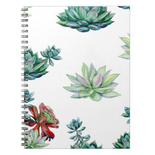 Watercolor succulents seamless pattern, echeveria notebook