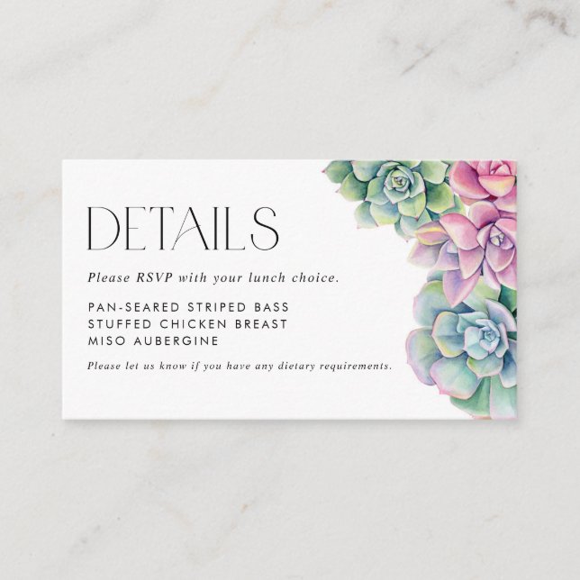 Watercolor Succulents Summer RSVP Details Enclosure Card (Front)
