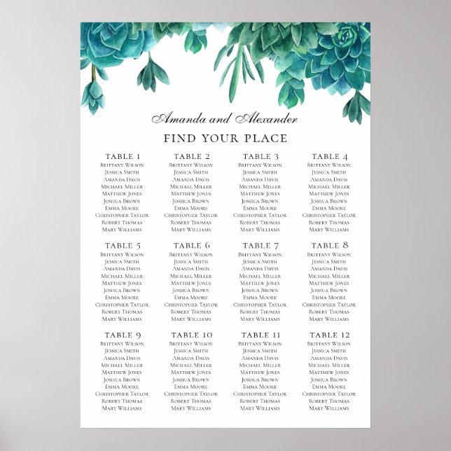 Watercolor succulents. Teal wedding seating chart (Front)