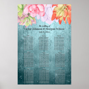 Watercolor Succulents teal Wedding Seating Poster