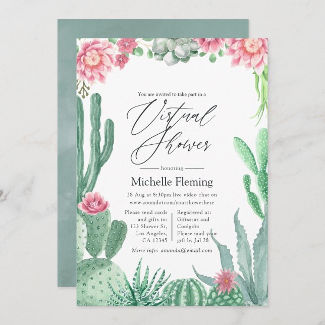 Watercolor Succulents Virtual Shower Invitation (Front/Back)