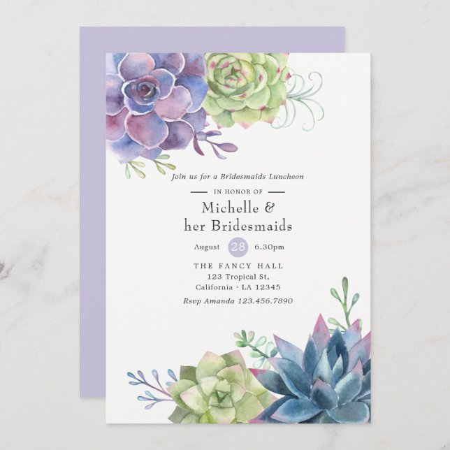Watercolor Succulents Wedding Bridesmaids Luncheon Invitation (Front/Back)