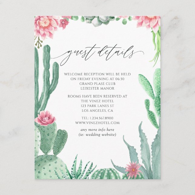 Watercolor Succulents Wedding Guest Details Enclosure Card (Front)