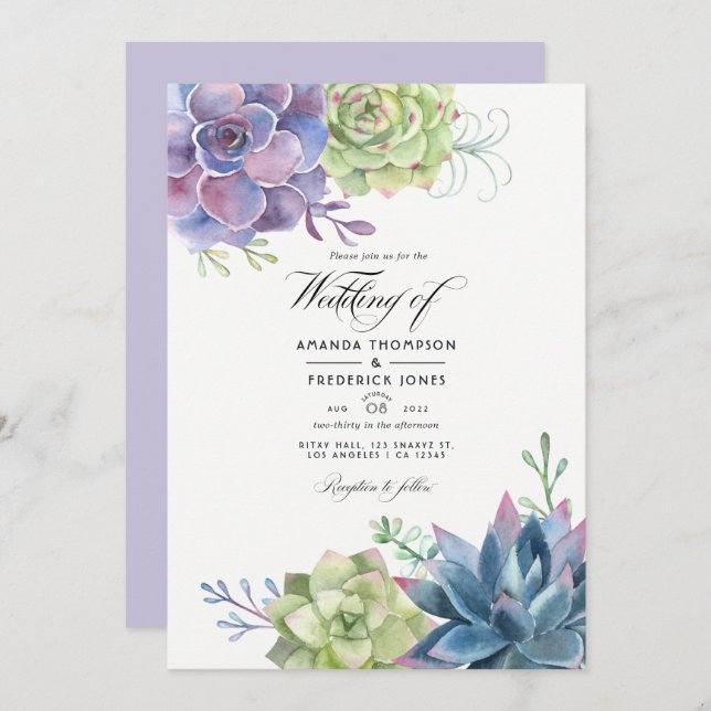 Watercolor Succulents Wedding Photo Invitation (Front/Back)