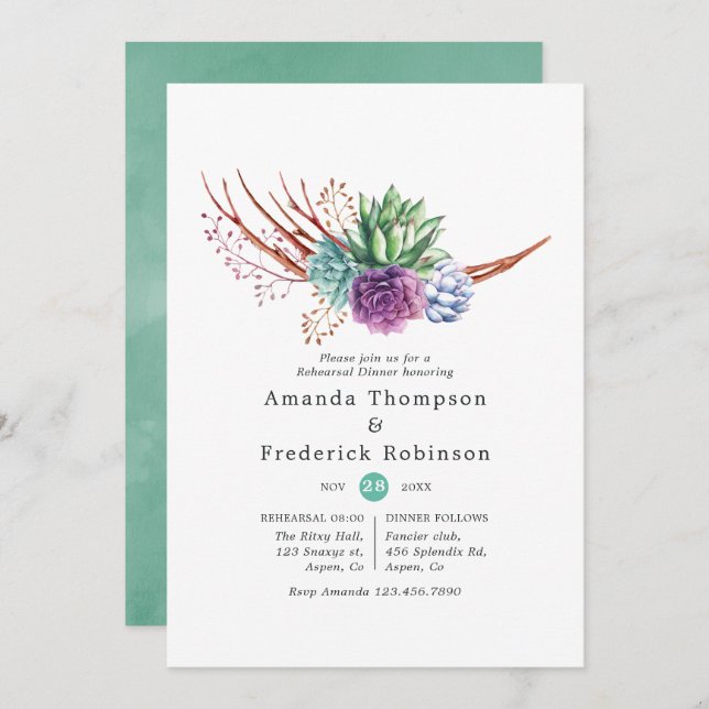 Watercolor Succulents Wedding Rehearsal Dinner Invitation (Front/Back)