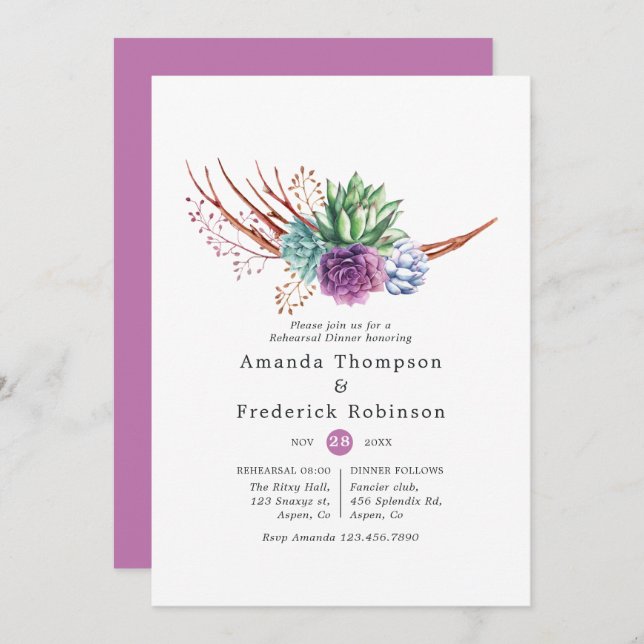 Watercolor Succulents Wedding Rehearsal Dinner Invitation (Front/Back)