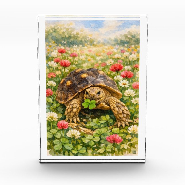 Watercolor Sulcata Tortoise with lucky clover Photo Block (Front)