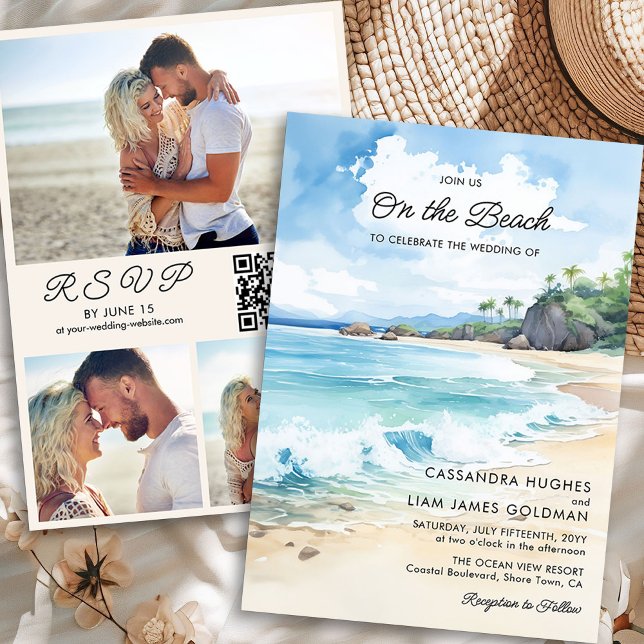 Watercolor Summer Beach Photo Wedding RSVP & Invitation (Photo Wedding Invitation with RSVP and QR Code from Summer Beach Wedding Collection by Darling & May)