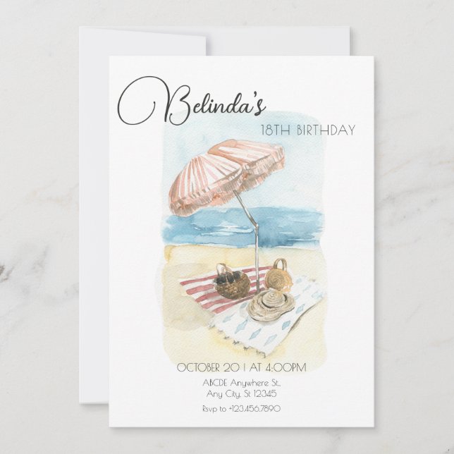 Watercolor summer beach vacation birthday invitation (Front)