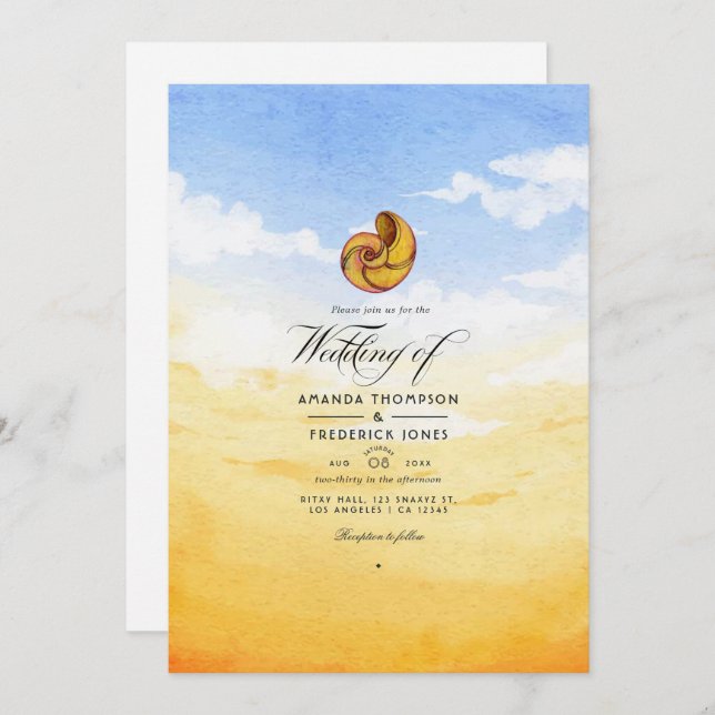 Watercolor Summer Beach Wedding Invitation (Front/Back)