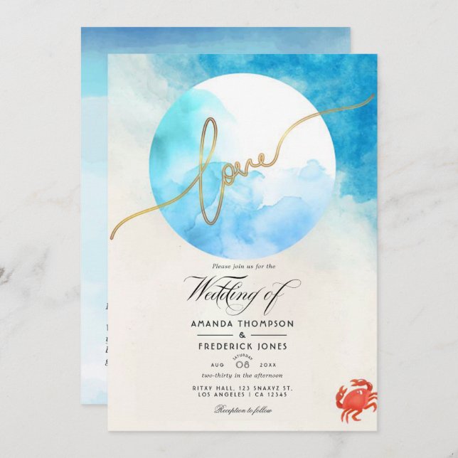Watercolor Summer Beach Wedding Photo Invitation (Front/Back)