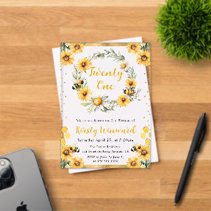 Watercolor Summer Bee and Sunflowers 21st Birthday Acrylic Invitations