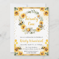 Watercolor Summer Bee and Sunflowers 21st Birthday