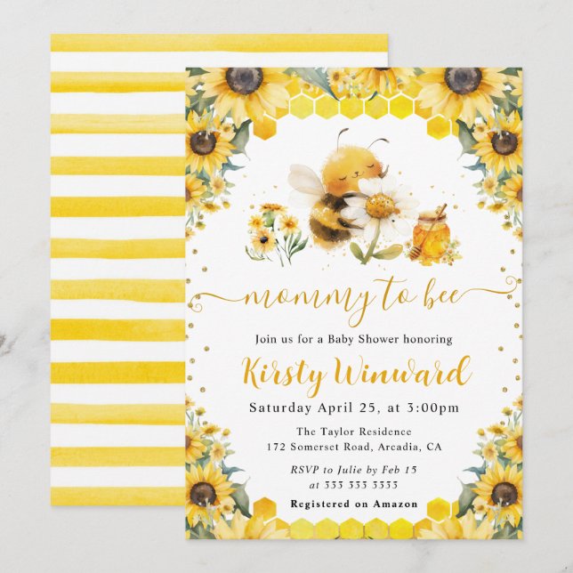 Watercolor Summer Bee and Sunflowers Baby Shower Invitation (Front/Back)