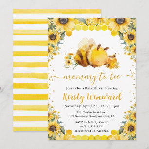 Watercolor Summer Bee and Sunflowers Baby Shower Invitation