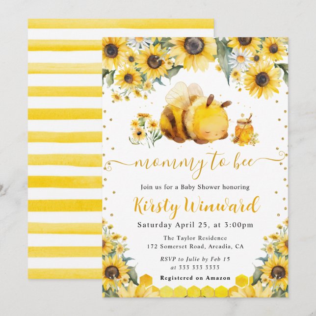 Watercolor Summer Bee and Sunflowers Baby Shower Invitation (Front/Back)