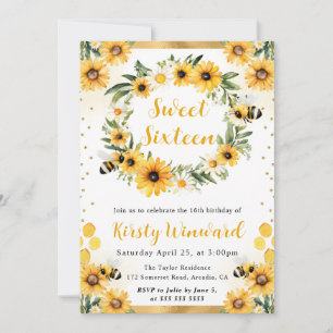 Watercolor Summer Bee and Sunflowers Sweet 16 Invitation