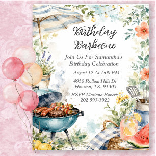 Watercolor Summer Birthday Barbecue Party Invitation