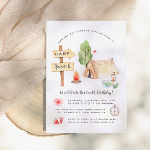 Watercolor Summer Camping Girls Birthday Party Invitation