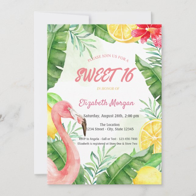 Watercolor Summer Flamingo Sweet 16 Invitation (Front)