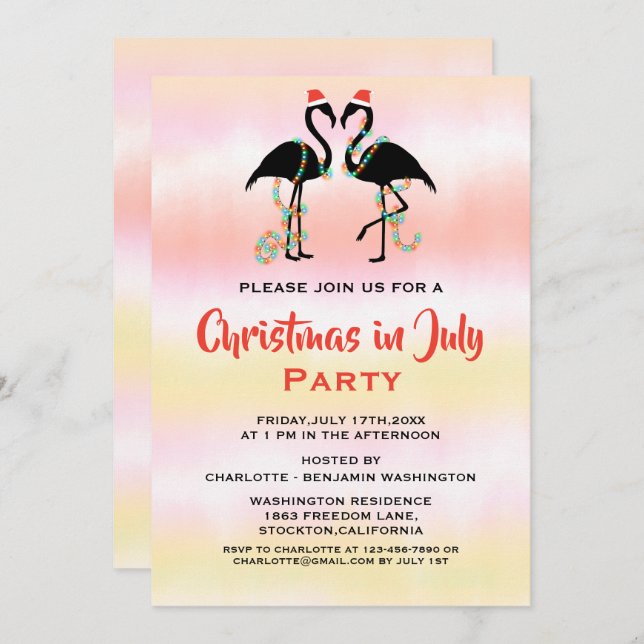 Watercolor Summer Flamingos Christmas In July  Invitation (Front/Back)