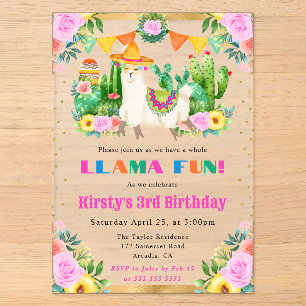Watercolor Summer Floral Llamas Kids Birthday Acrylic Invitations