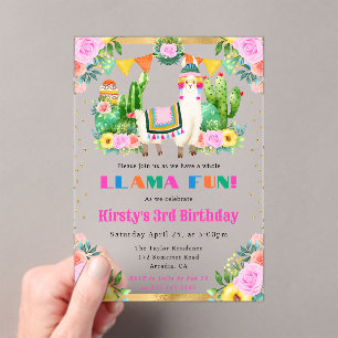 Watercolor Summer Floral Llamas Kids Birthday Acrylic Invitations