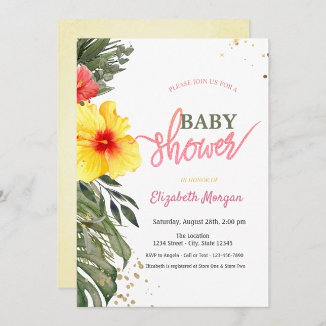 Watercolor Summer Flowers Hibiscus Baby Shower  Invitation (Front/Back)