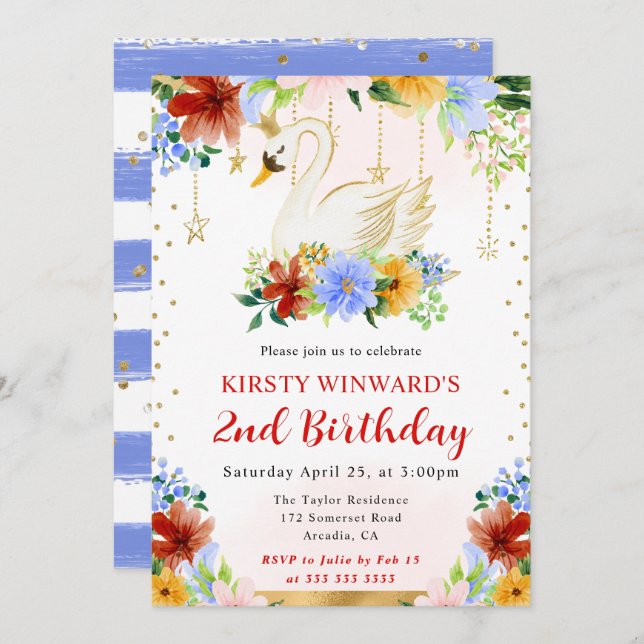 Watercolor Summer Flowers Swan Birthday Invitation (Front/Back)