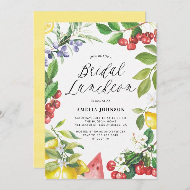 Watercolor Summer Fruits Floral Bridal Luncheon Invitation (Front/Back)