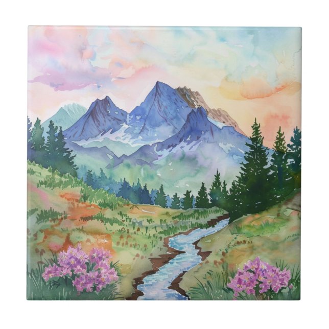 Watercolor Summer Mountain Ceramic Tile (Front)