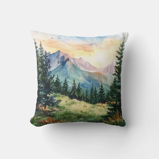 Watercolor Summer Mountain Cushion (Front)