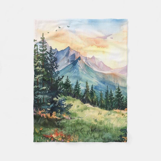 Watercolor Summer Mountain Fleece Blanket (Front)