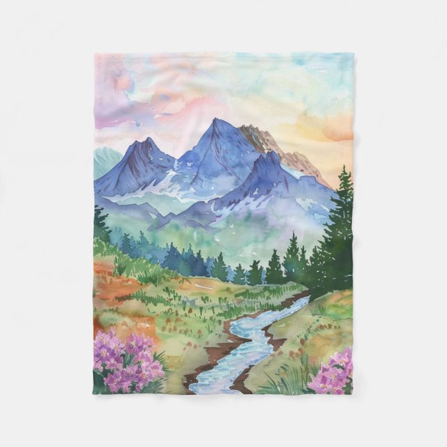 Watercolor Summer Mountain Fleece Blanket (Front)