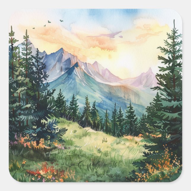 Watercolor Summer Mountain Square Sticker (Front)