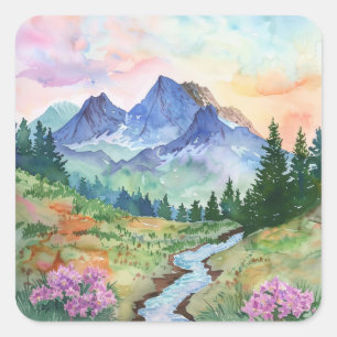 Watercolor Summer Mountain Square Sticker