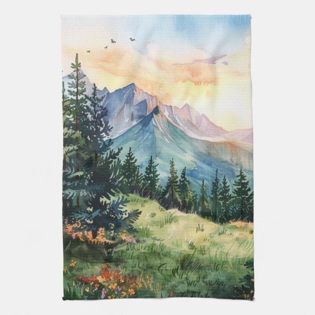 Watercolor Summer Mountain Tea Towel (Vertical)