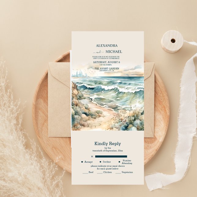 Watercolor Summer Ocean Beach Wedding All In One Invitation (Creator Uploaded)
