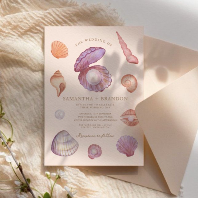 Watercolor summer Ocean Seashell pearl Wedding Invitation (Creator Uploaded)