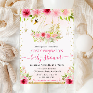 Watercolor Summer Pink Flowers Swan Baby Shower Invitation