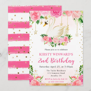 Watercolor Summer Pink Roses Swan Birthday Invitation