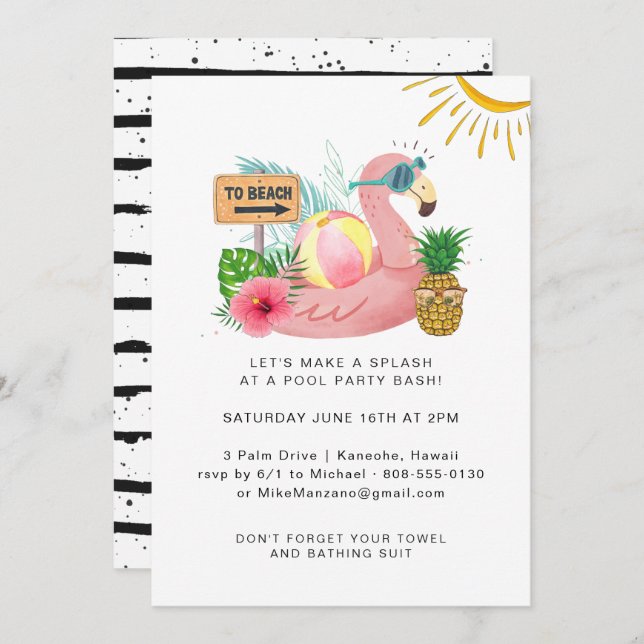 Watercolor Summer Pool Party Invitation (Front/Back)