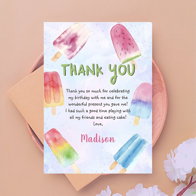 Watercolor Summer Popsicle Birthday Thank You Card (Creator Uploaded)